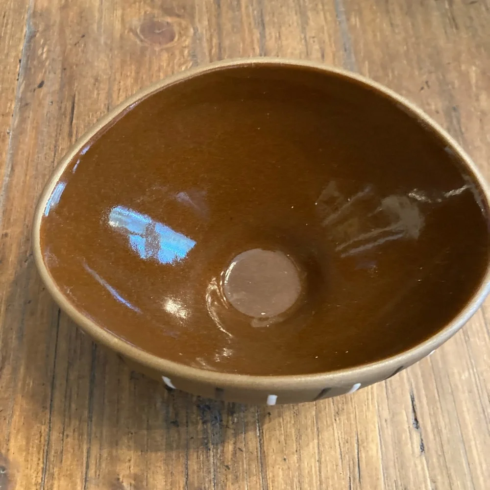 Jonathan Adler Brown Pottery Bowl with Black and White Stripes